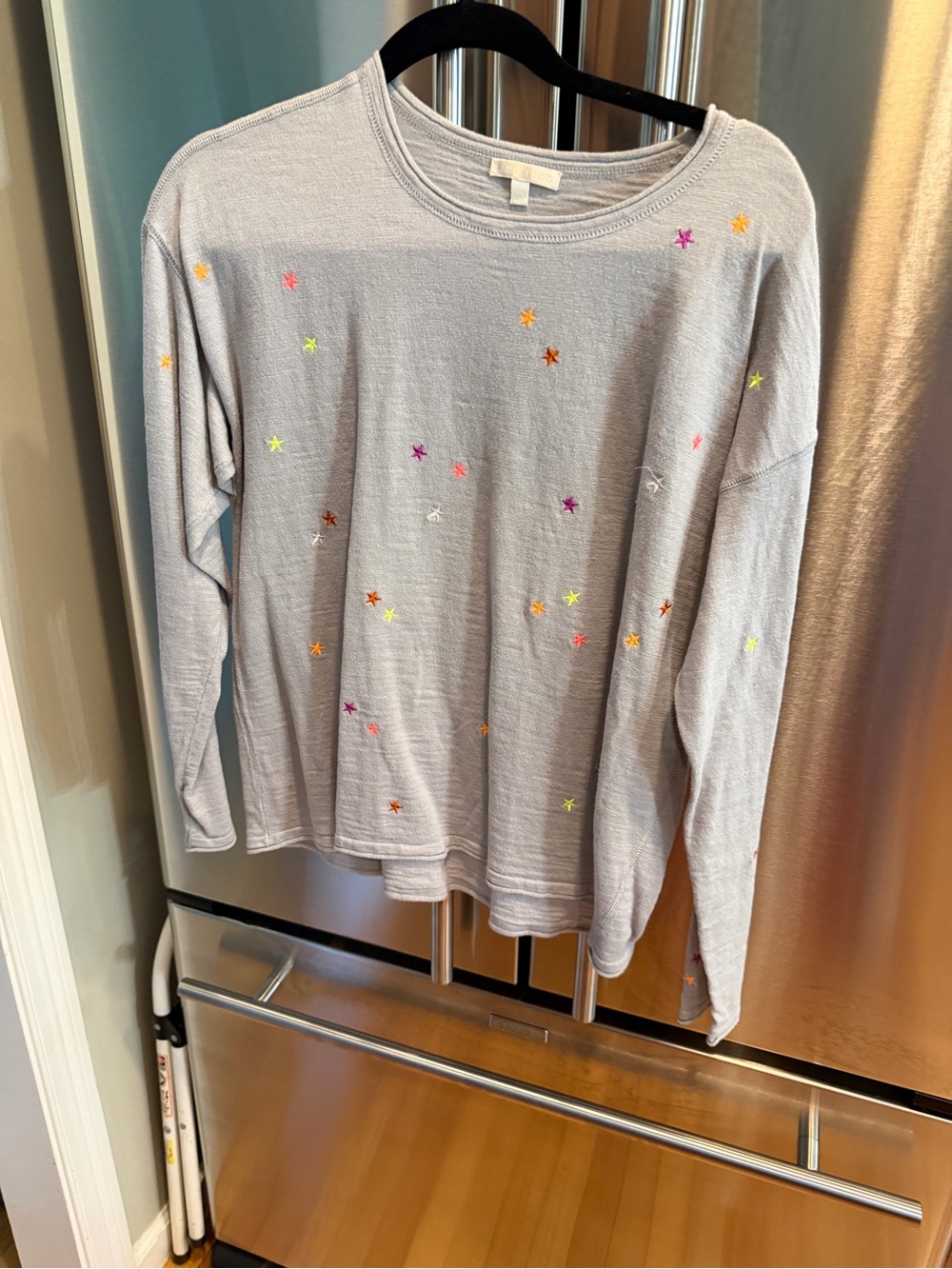 Lisa Todd Light Gray Long-Sleeve Top with Multicolor Star Embroidery